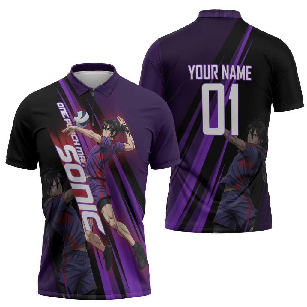 Personalized Sonic Volleyball Design Zipper Polo Shirt with Purple and Black Athletic Theme and Agile Jump Pose