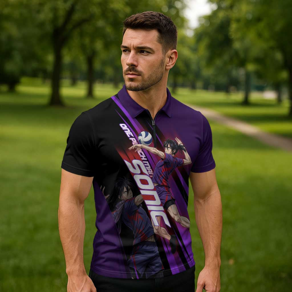 Personalized Sonic Volleyball Design Zipper Polo Shirt with Purple and Black Athletic Theme and Agile Jump Pose