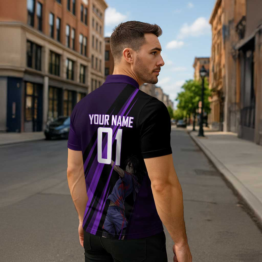 Personalized Sonic Volleyball Design Zipper Polo Shirt with Purple and Black Athletic Theme and Agile Jump Pose