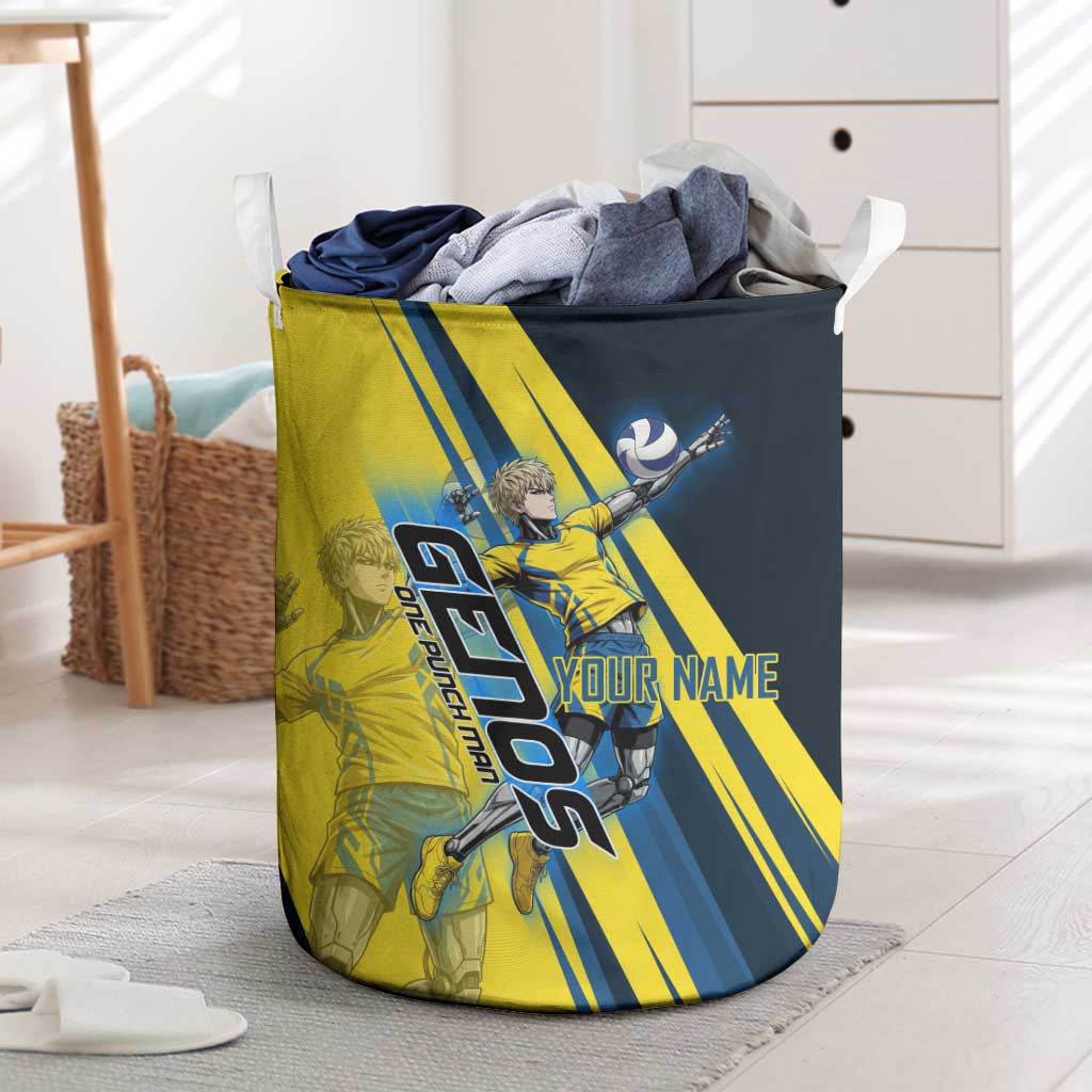 Personalized Genos Volleyball Design Laundry Basket with Yellow and Blue Athletic Theme and Dynamic Spike Pose