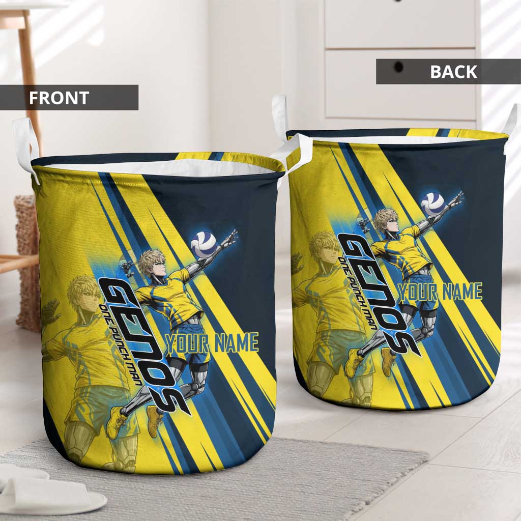 Personalized Genos Volleyball Design Laundry Basket with Yellow and Blue Athletic Theme and Dynamic Spike Pose