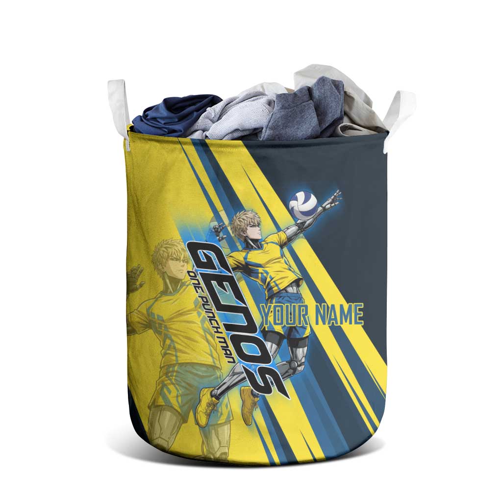 Personalized Genos Volleyball Design Laundry Basket with Yellow and Blue Athletic Theme and Dynamic Spike Pose