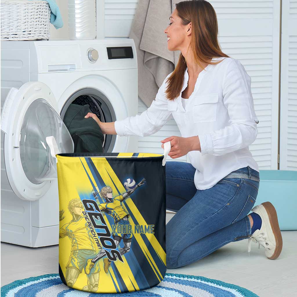 Personalized Genos Volleyball Design Laundry Basket with Yellow and Blue Athletic Theme and Dynamic Spike Pose