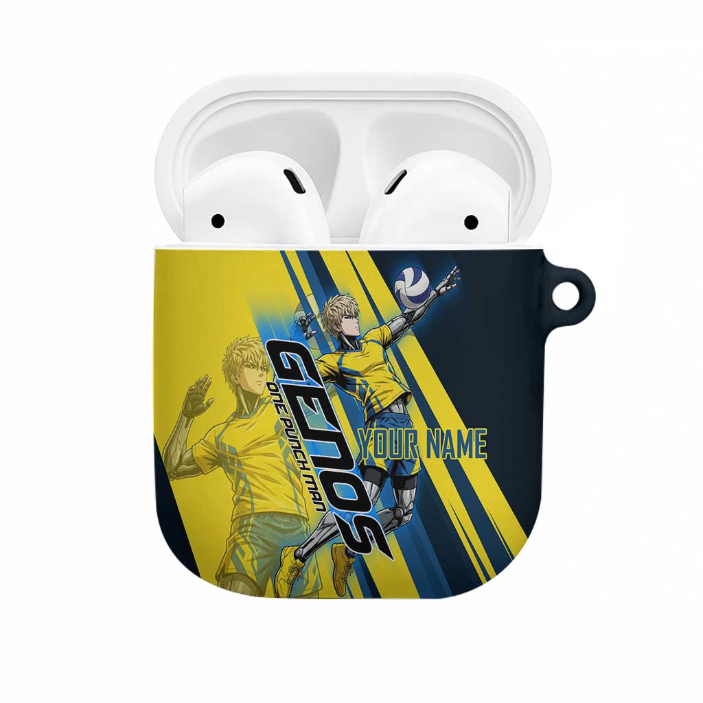 Personalized Genos Volleyball Design AirPods Case with Yellow and Blue Athletic Theme and Dynamic Spike Pose