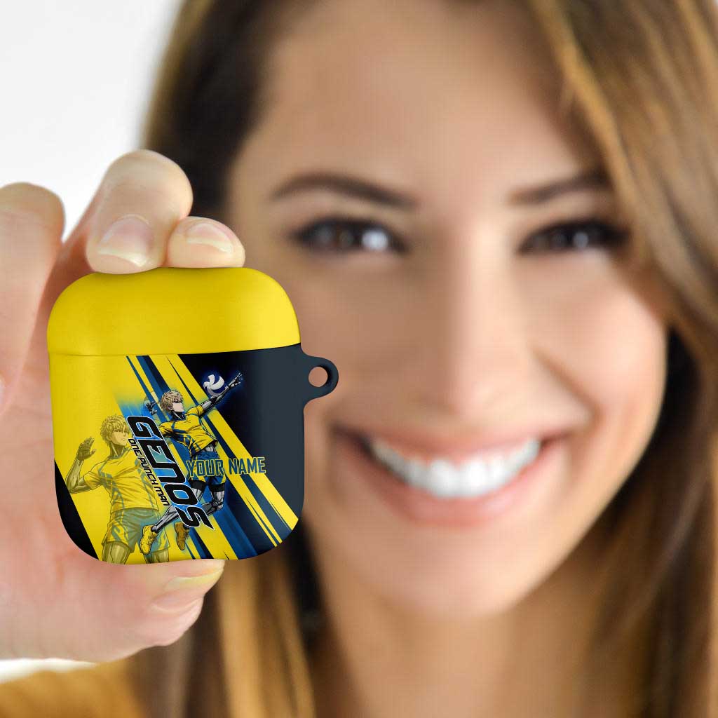 Personalized Genos Volleyball Design AirPods Case with Yellow and Blue Athletic Theme and Dynamic Spike Pose