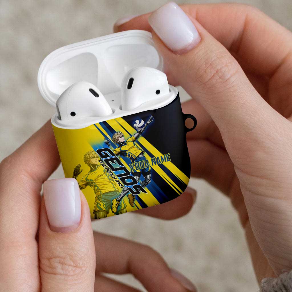 Personalized Genos Volleyball Design AirPods Case with Yellow and Blue Athletic Theme and Dynamic Spike Pose