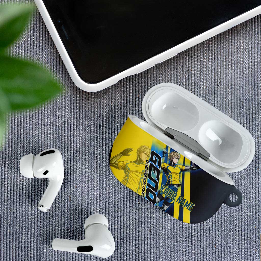 Personalized Genos Volleyball Design AirPods Case with Yellow and Blue Athletic Theme and Dynamic Spike Pose