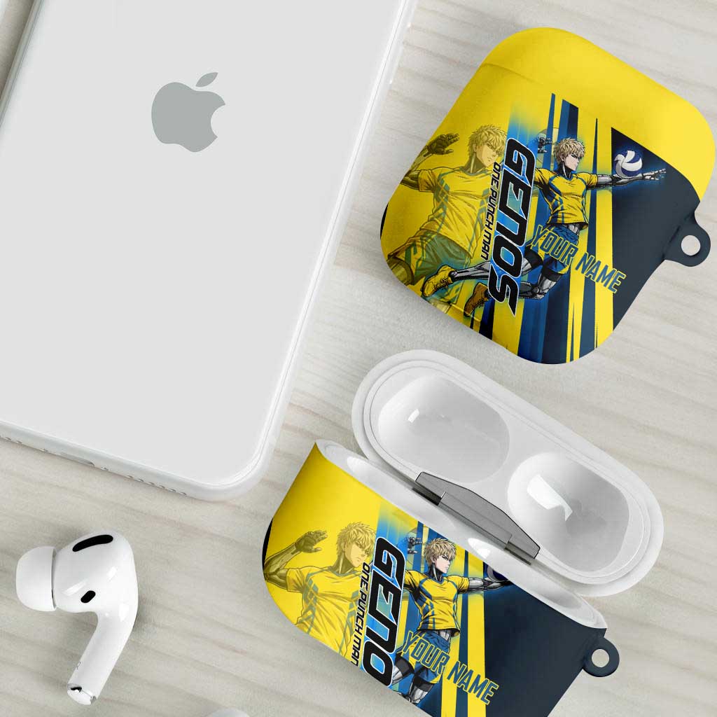 Personalized Genos Volleyball Design AirPods Case with Yellow and Blue Athletic Theme and Dynamic Spike Pose