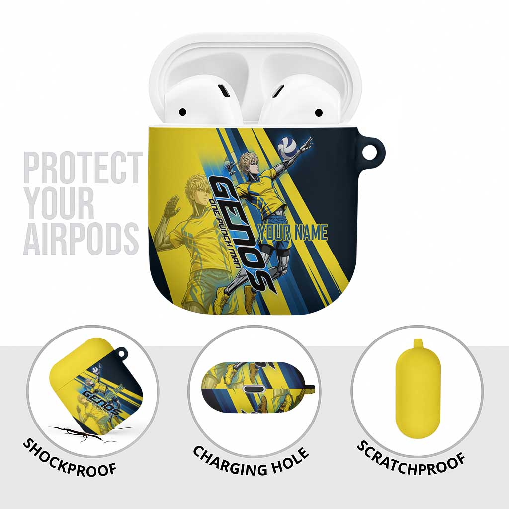 Personalized Genos Volleyball Design AirPods Case with Yellow and Blue Athletic Theme and Dynamic Spike Pose