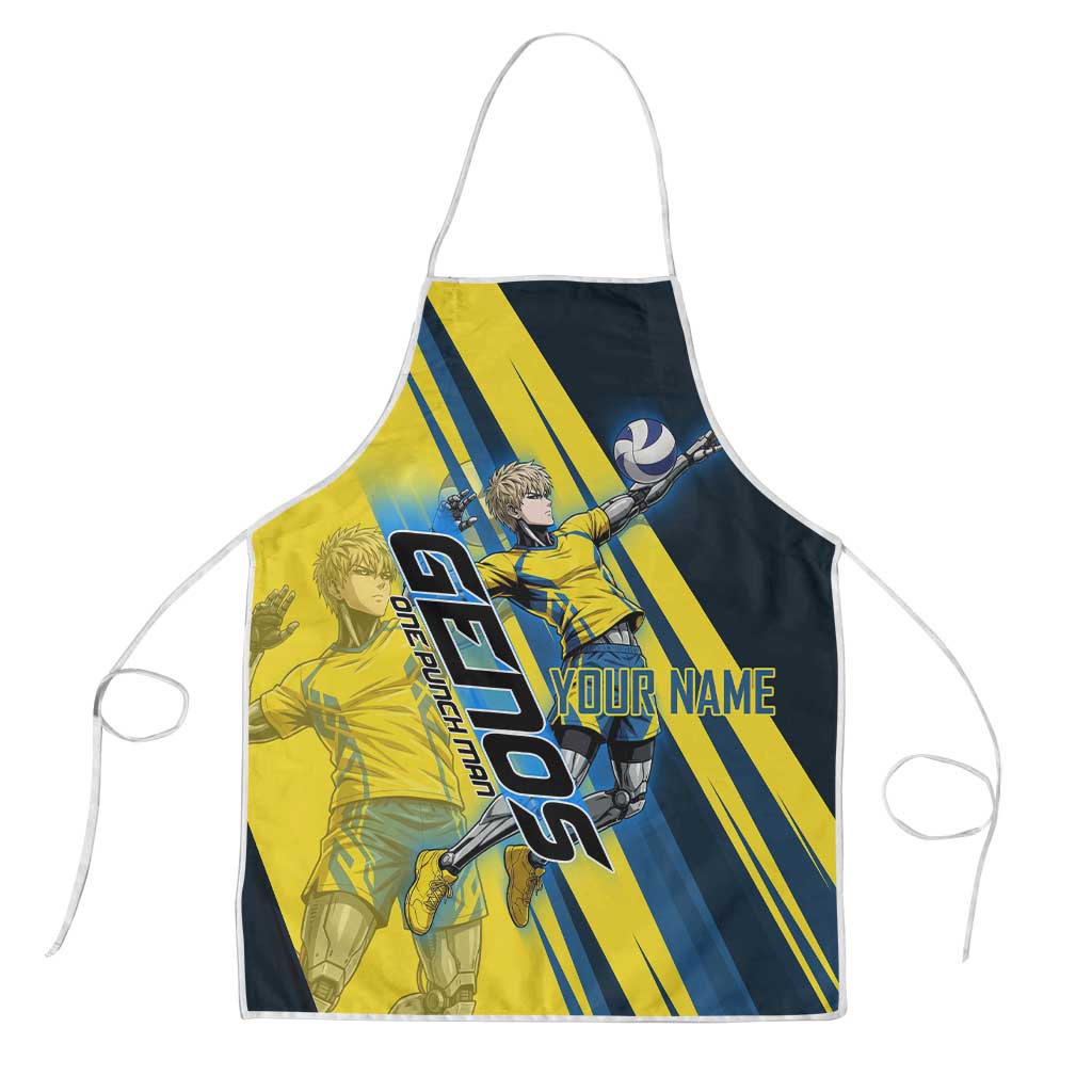 Personalized Genos Volleyball Design Apron with Yellow and Blue Athletic Theme and Dynamic Spike Pose