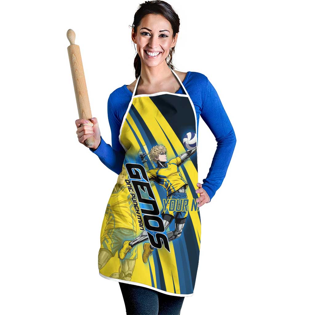 Personalized Genos Volleyball Design Apron with Yellow and Blue Athletic Theme and Dynamic Spike Pose