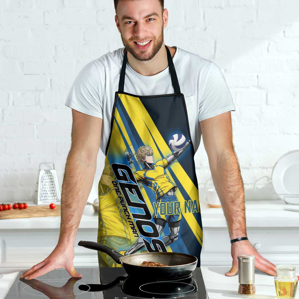 Personalized Genos Volleyball Design Apron with Yellow and Blue Athletic Theme and Dynamic Spike Pose
