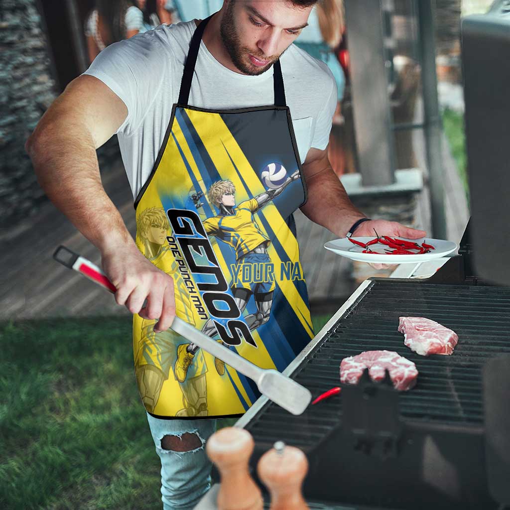 Personalized Genos Volleyball Design Apron with Yellow and Blue Athletic Theme and Dynamic Spike Pose