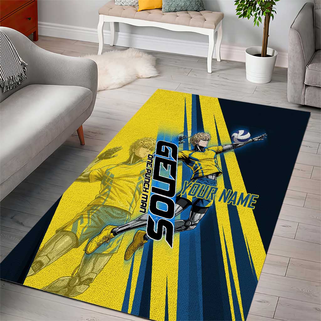 Personalized Genos Volleyball Design Area Rug with Yellow and Blue Athletic Theme and Dynamic Spike Pose