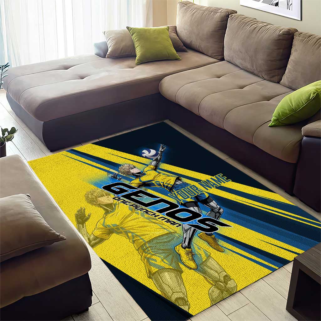 Personalized Genos Volleyball Design Area Rug with Yellow and Blue Athletic Theme and Dynamic Spike Pose