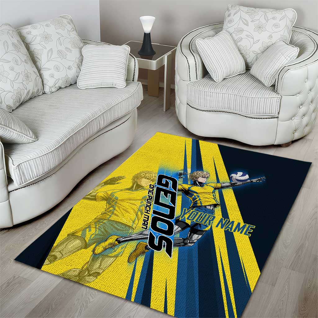 Personalized Genos Volleyball Design Area Rug with Yellow and Blue Athletic Theme and Dynamic Spike Pose