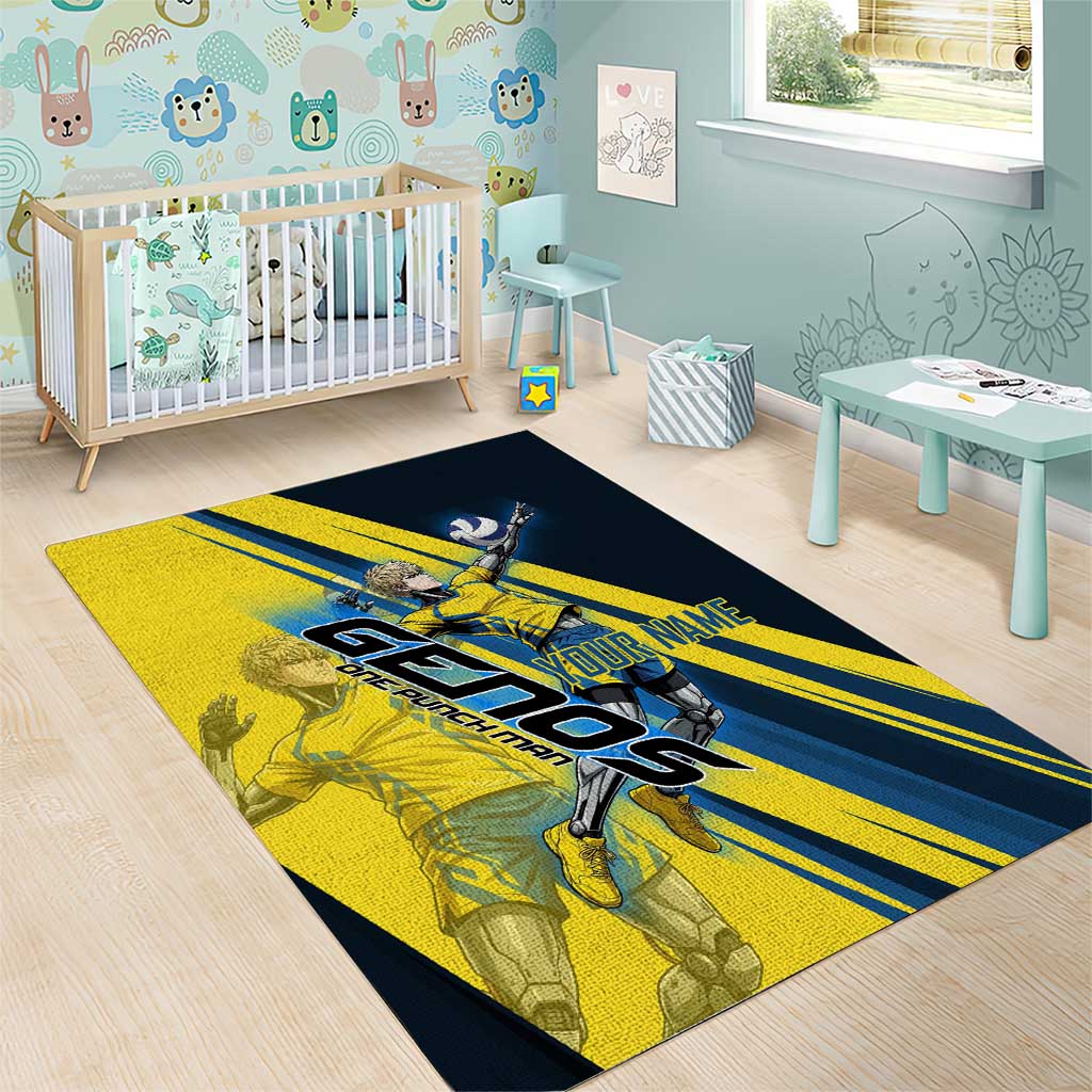 Personalized Genos Volleyball Design Area Rug with Yellow and Blue Athletic Theme and Dynamic Spike Pose