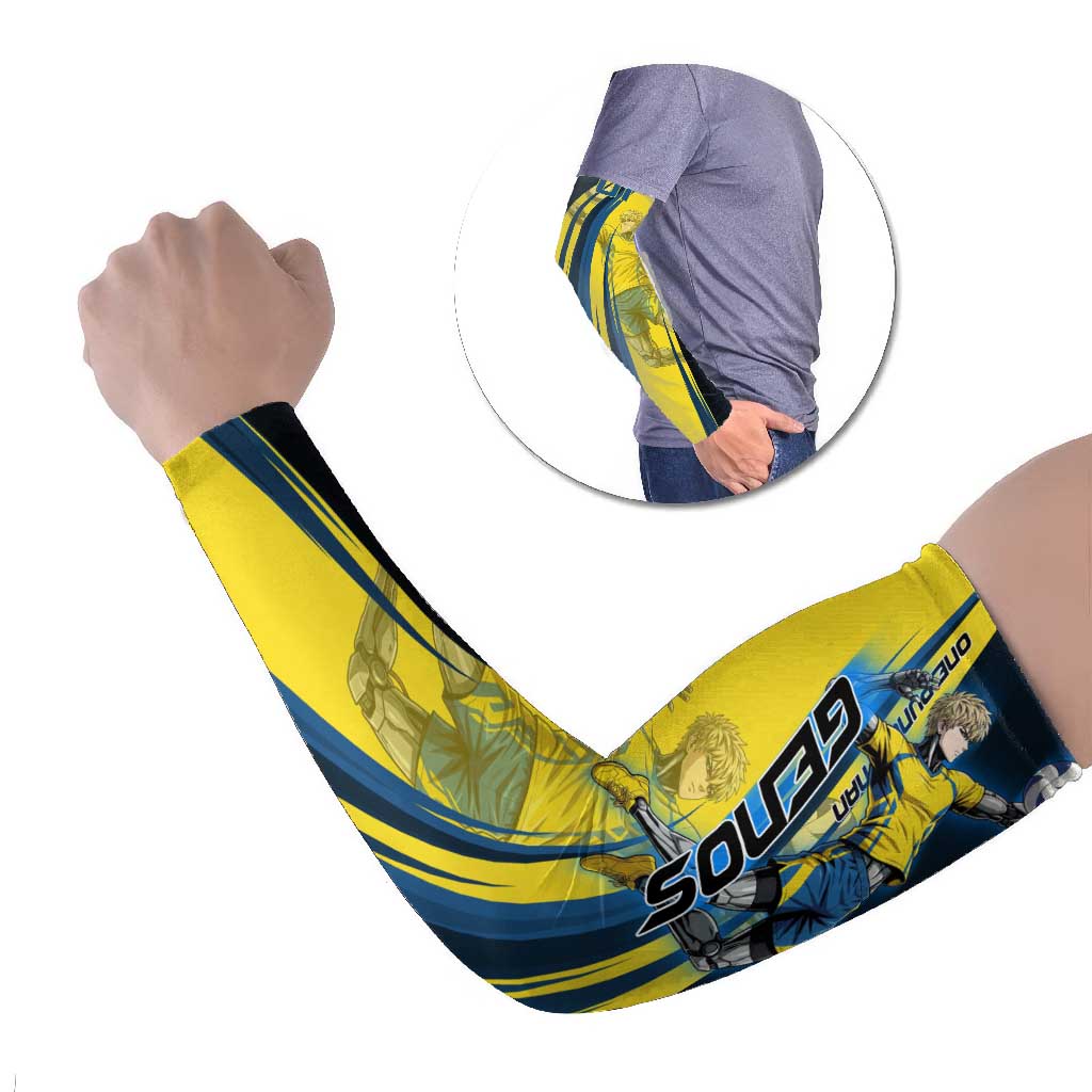 Personalized Genos Volleyball Design Arm Sleeves with Yellow and Blue Athletic Theme and Dynamic Spike Pose