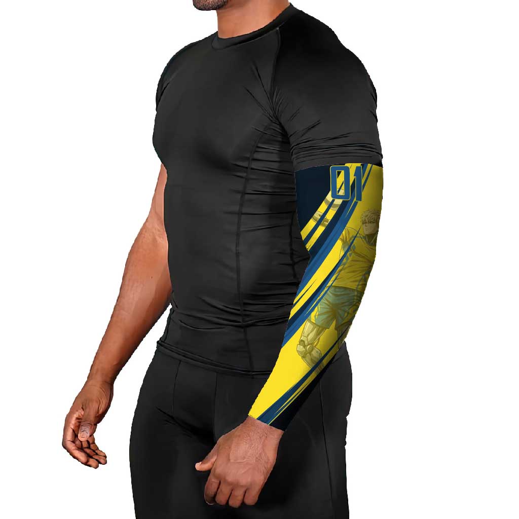 Personalized Genos Volleyball Design Arm Sleeves with Yellow and Blue Athletic Theme and Dynamic Spike Pose