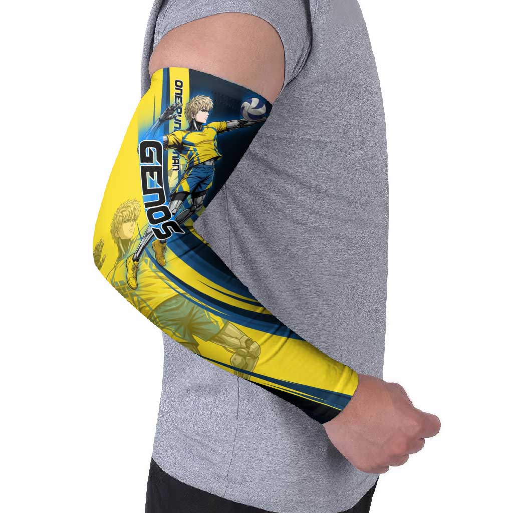 Personalized Genos Volleyball Design Arm Sleeves with Yellow and Blue Athletic Theme and Dynamic Spike Pose