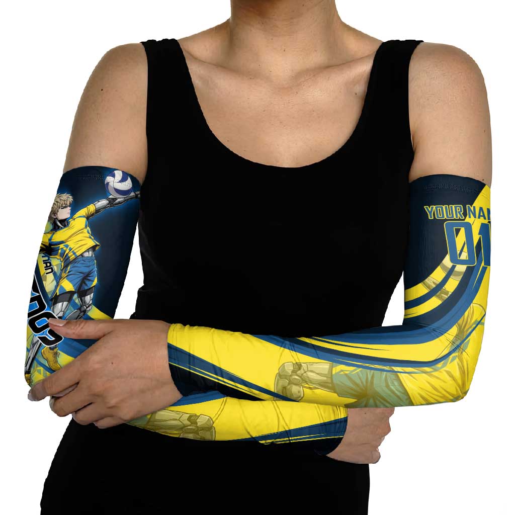 Personalized Genos Volleyball Design Arm Sleeves with Yellow and Blue Athletic Theme and Dynamic Spike Pose
