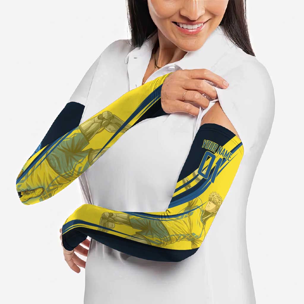 Personalized Genos Volleyball Design Arm Sleeves with Yellow and Blue Athletic Theme and Dynamic Spike Pose