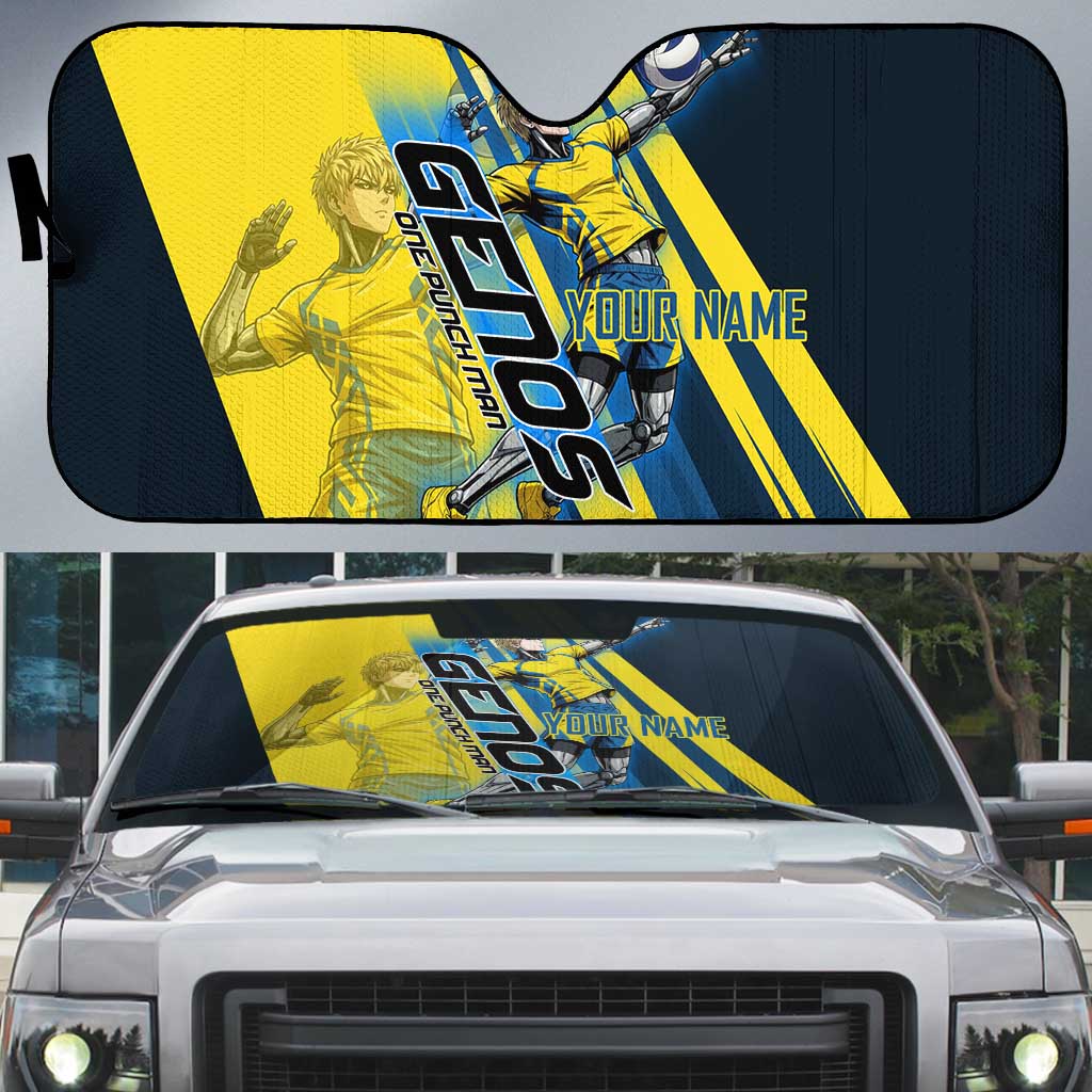 Personalized Genos Volleyball Design Auto Sun Shade with Yellow and Blue Athletic Theme and Dynamic Spike Pose