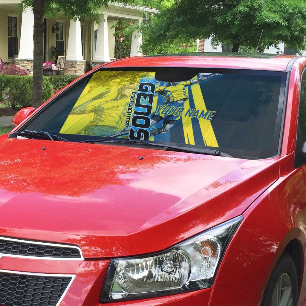 Personalized Genos Volleyball Design Auto Sun Shade with Yellow and Blue Athletic Theme and Dynamic Spike Pose
