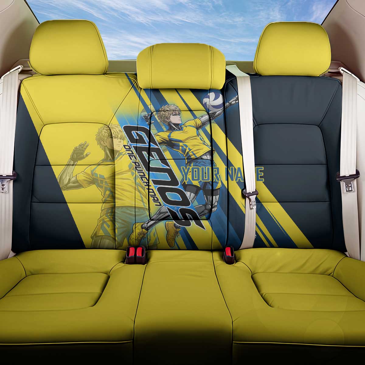 Personalized Genos Volleyball Design Back Car Seat Cover with Yellow and Blue Athletic Theme and Dynamic Spike Pose