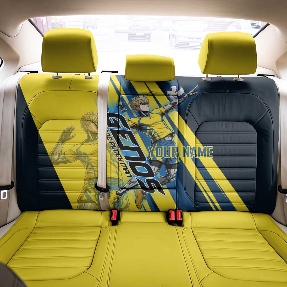 Personalized Genos Volleyball Design Back Car Seat Cover with Yellow and Blue Athletic Theme and Dynamic Spike Pose