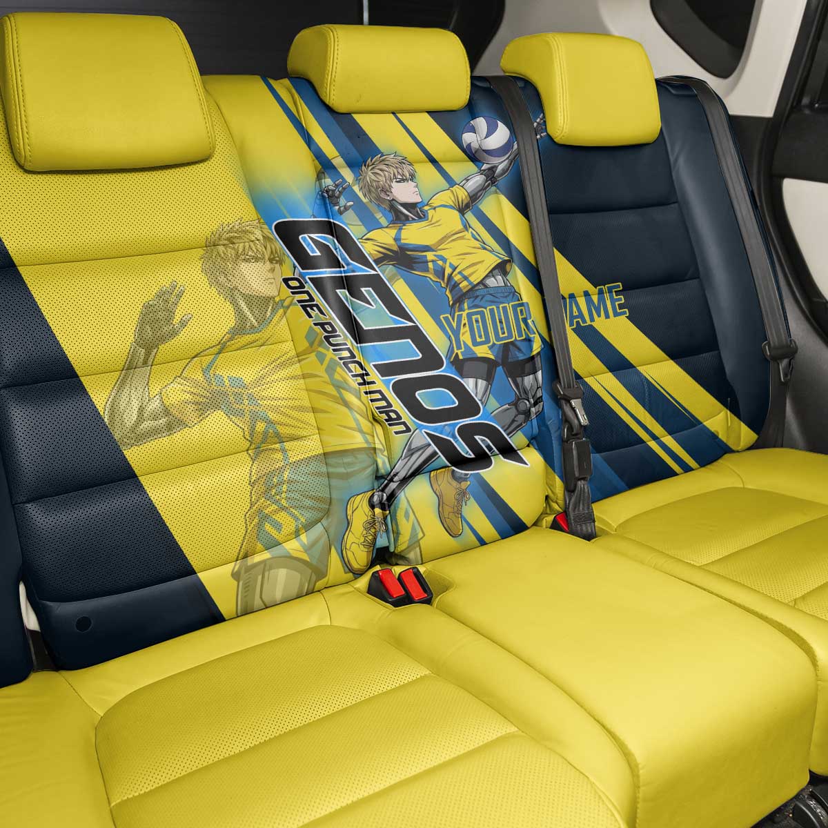 Personalized Genos Volleyball Design Back Car Seat Cover with Yellow and Blue Athletic Theme and Dynamic Spike Pose