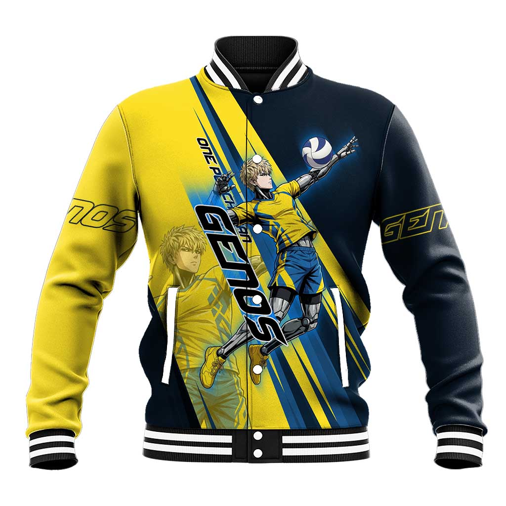 Personalized Genos Volleyball Design Baseball Jacket with Yellow and Blue Athletic Theme and Dynamic Spike Pose