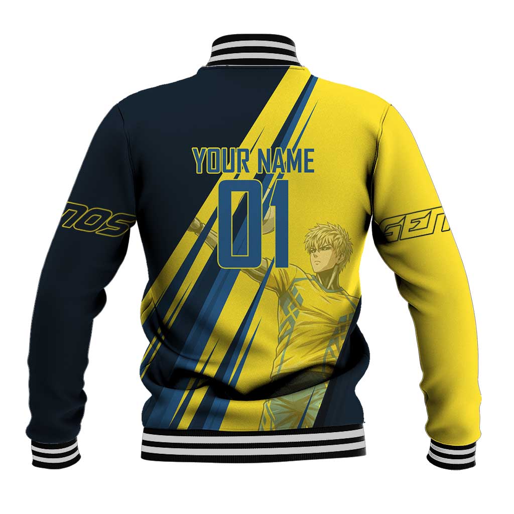 Personalized Genos Volleyball Design Baseball Jacket with Yellow and Blue Athletic Theme and Dynamic Spike Pose