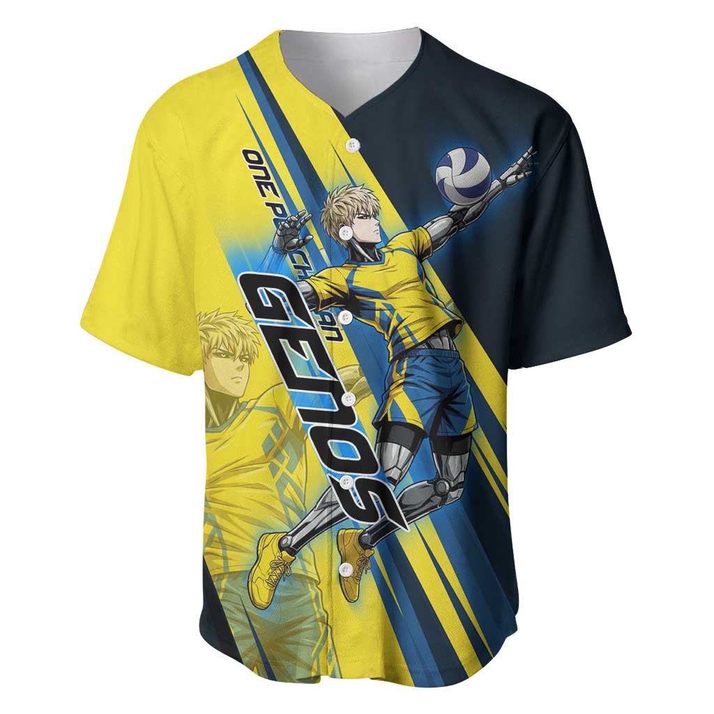 Personalized Genos Volleyball Design Baseball Jersey with Yellow and Blue Athletic Theme and Dynamic Spike Pose