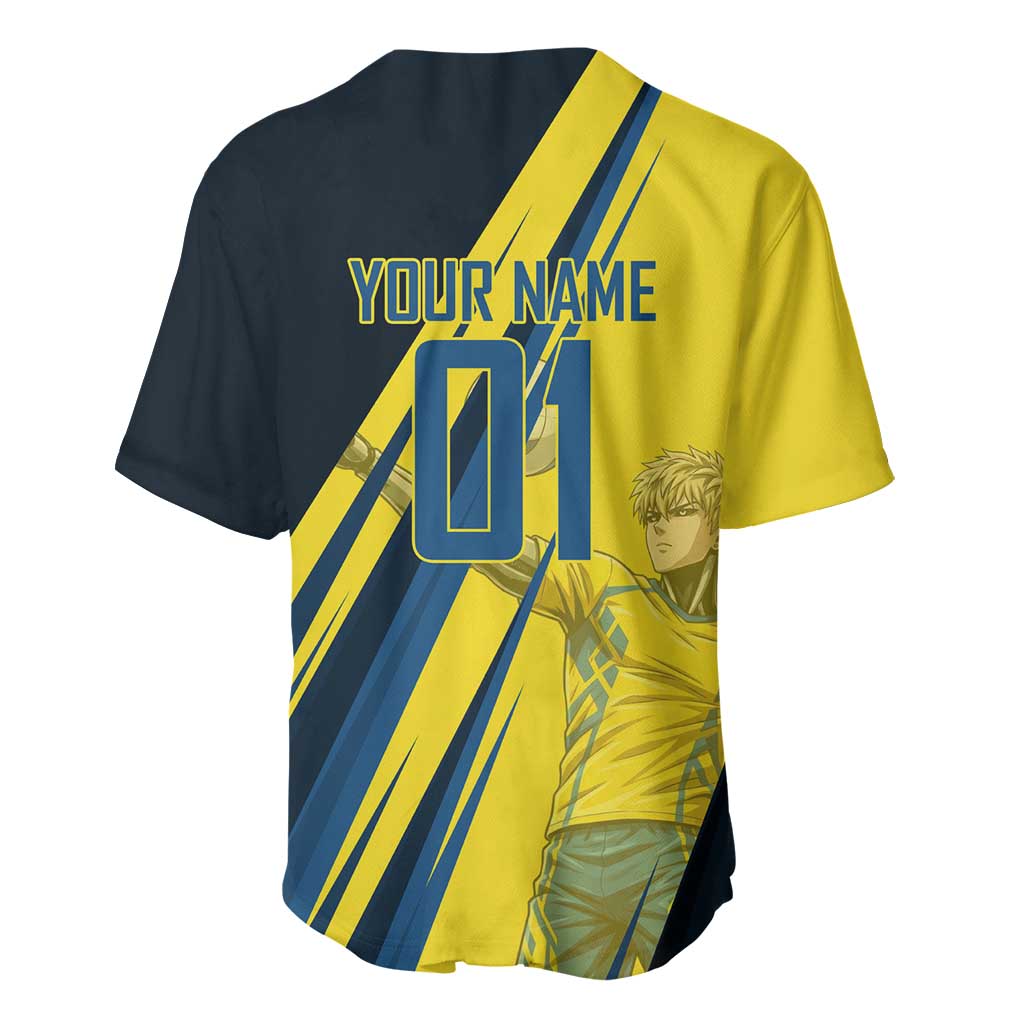 Personalized Genos Volleyball Design Baseball Jersey with Yellow and Blue Athletic Theme and Dynamic Spike Pose