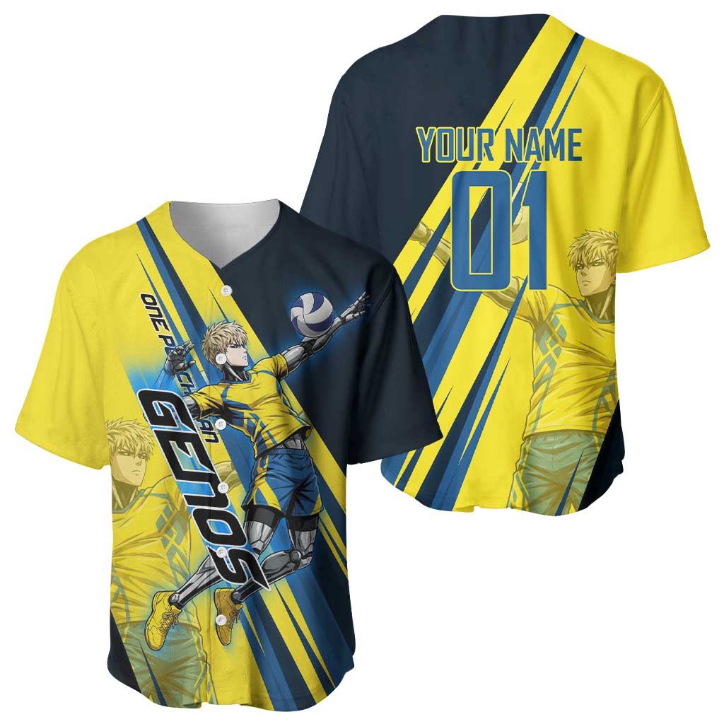 Personalized Genos Volleyball Design Baseball Jersey with Yellow and Blue Athletic Theme and Dynamic Spike Pose