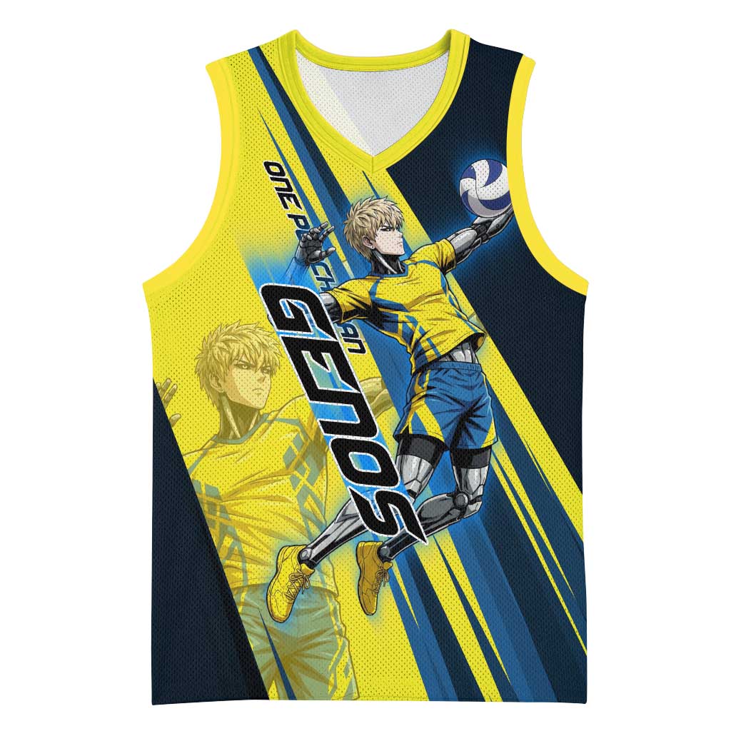 Personalized Genos Volleyball Design Basketball Jersey with Yellow and Blue Athletic Theme and Dynamic Spike Pose