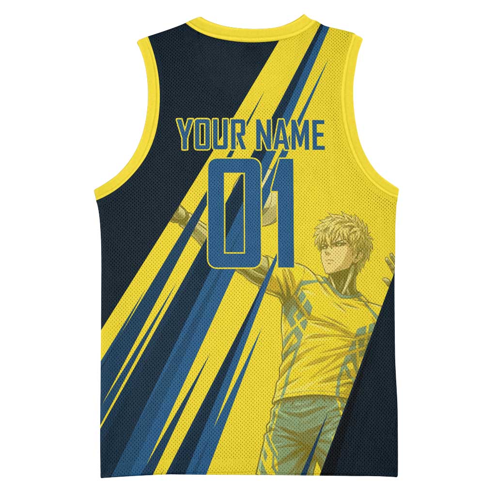 Personalized Genos Volleyball Design Basketball Jersey with Yellow and Blue Athletic Theme and Dynamic Spike Pose