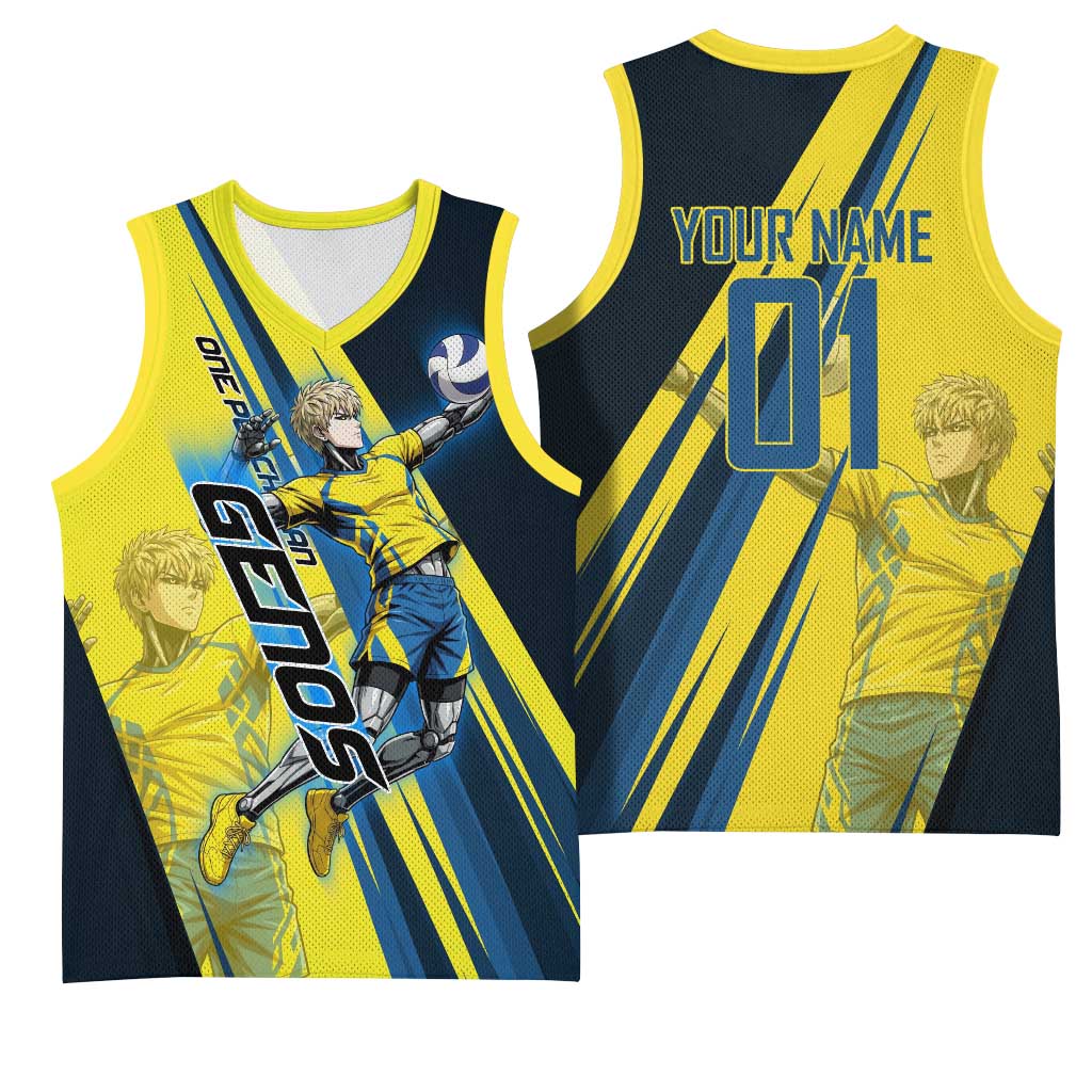 Personalized Genos Volleyball Design Basketball Jersey with Yellow and Blue Athletic Theme and Dynamic Spike Pose