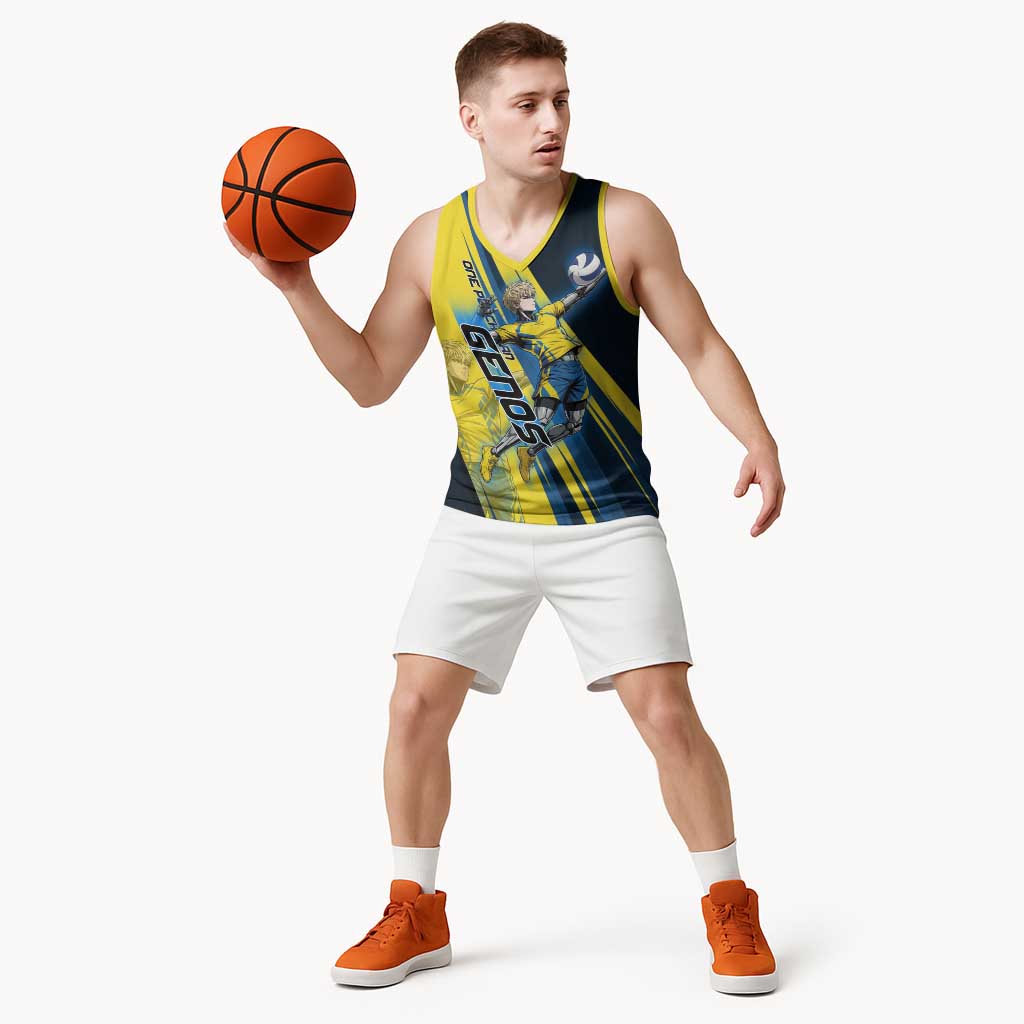 Personalized Genos Volleyball Design Basketball Jersey with Yellow and Blue Athletic Theme and Dynamic Spike Pose
