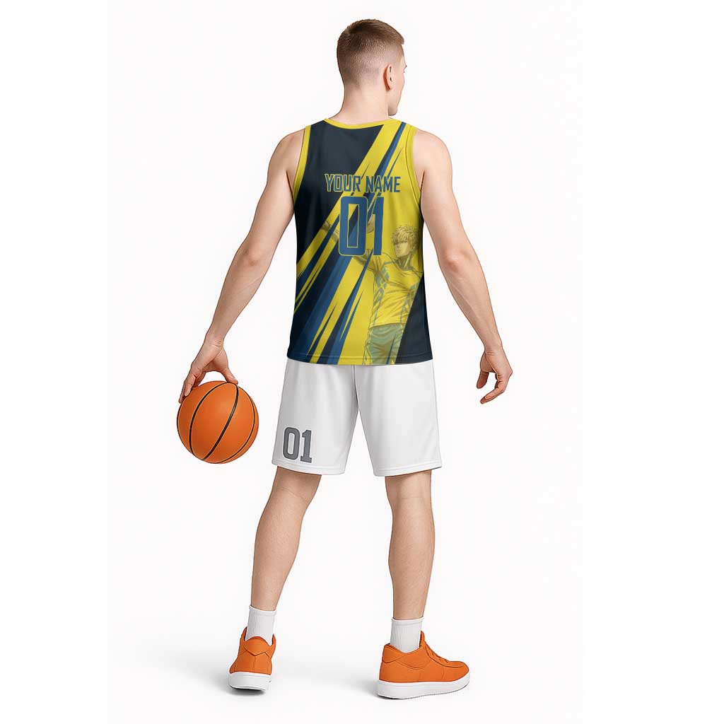 Personalized Genos Volleyball Design Basketball Jersey with Yellow and Blue Athletic Theme and Dynamic Spike Pose