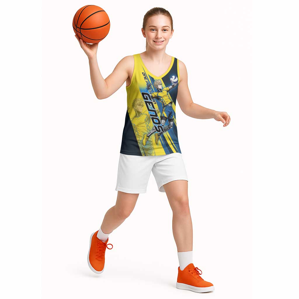 Personalized Genos Volleyball Design Basketball Jersey with Yellow and Blue Athletic Theme and Dynamic Spike Pose