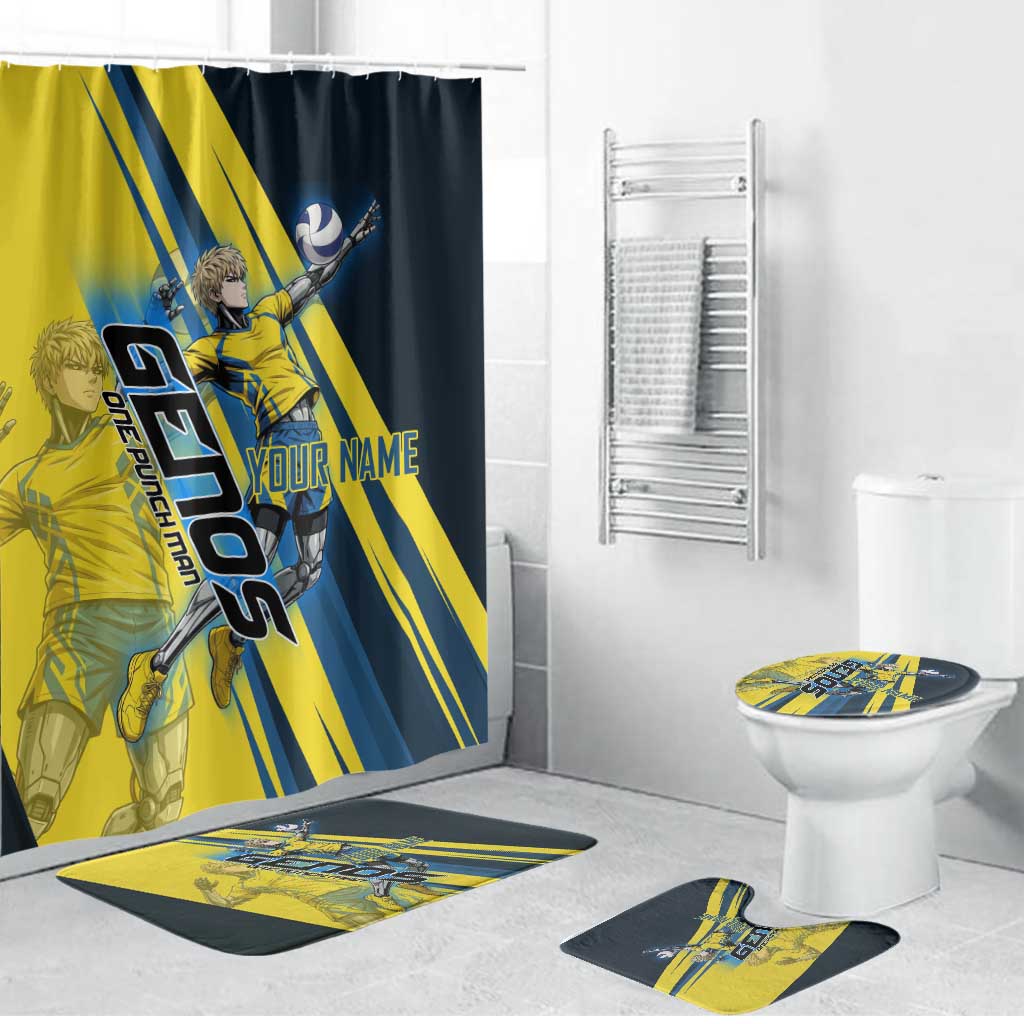 Personalized Genos Volleyball Design Bathroom Set with Yellow and Blue Athletic Theme and Dynamic Spike Pose
