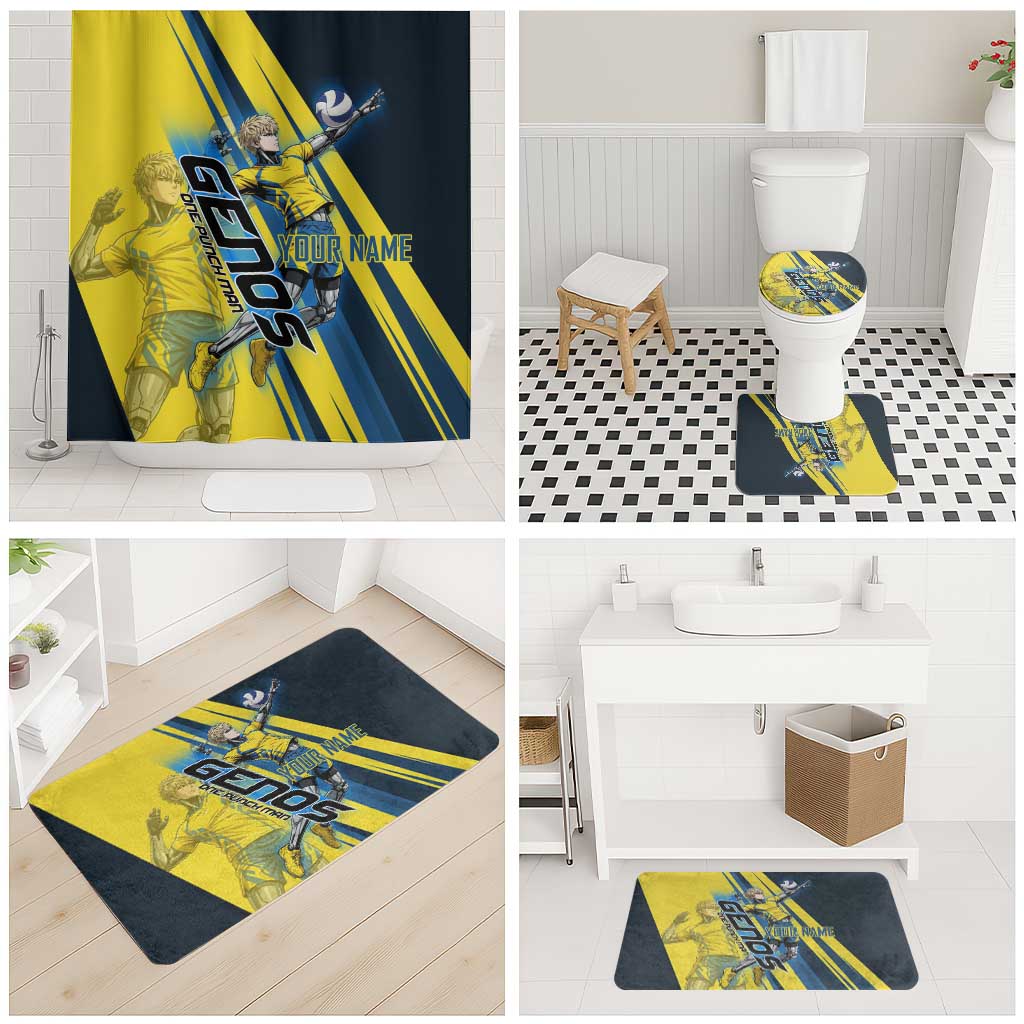 Personalized Genos Volleyball Design Bathroom Set with Yellow and Blue Athletic Theme and Dynamic Spike Pose