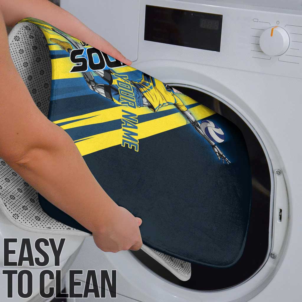 Personalized Genos Volleyball Design Bathroom Set with Yellow and Blue Athletic Theme and Dynamic Spike Pose