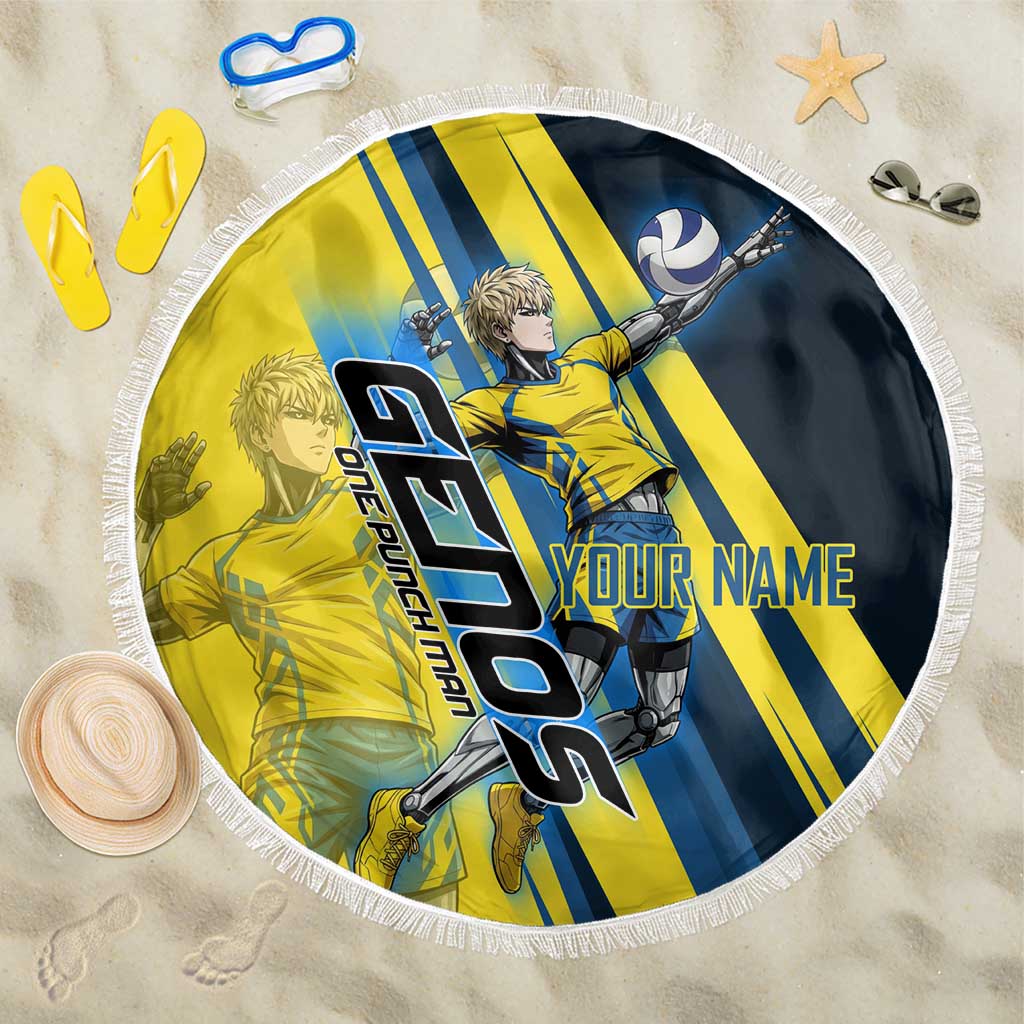 Personalized Genos Volleyball Design Beach Blanket with Yellow and Blue Athletic Theme and Dynamic Spike Pose