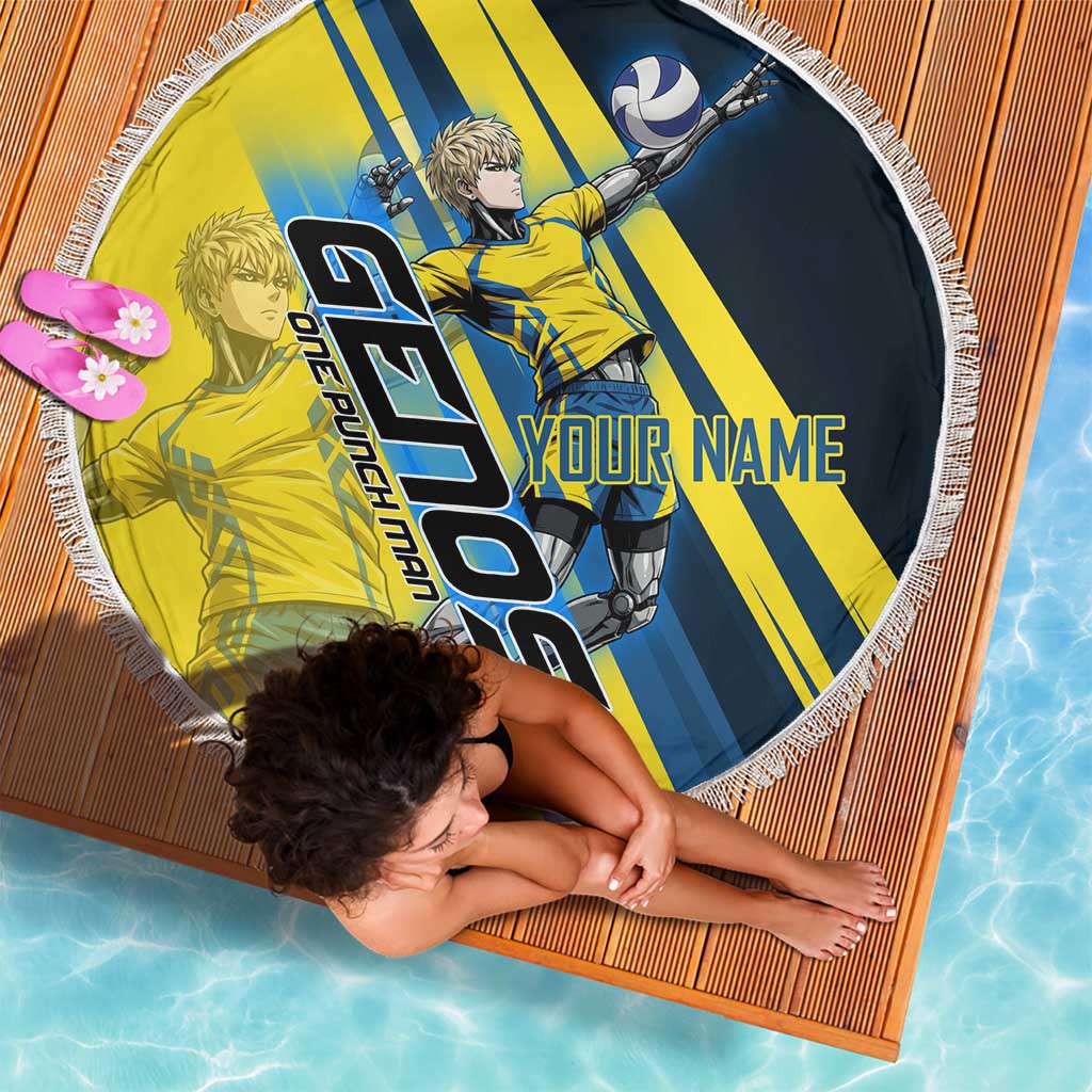 Personalized Genos Volleyball Design Beach Blanket with Yellow and Blue Athletic Theme and Dynamic Spike Pose