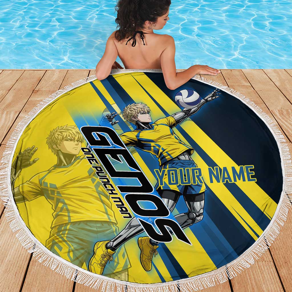 Personalized Genos Volleyball Design Beach Blanket with Yellow and Blue Athletic Theme and Dynamic Spike Pose