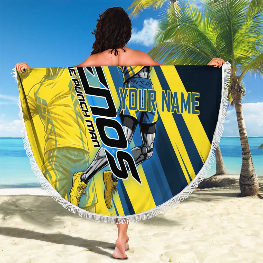 Personalized Genos Volleyball Design Beach Blanket with Yellow and Blue Athletic Theme and Dynamic Spike Pose