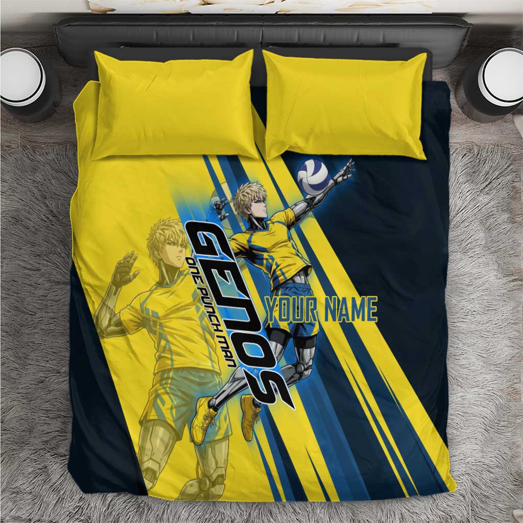 Personalized Genos Volleyball Design Bedding Set with Yellow and Blue Athletic Theme and Dynamic Spike Pose